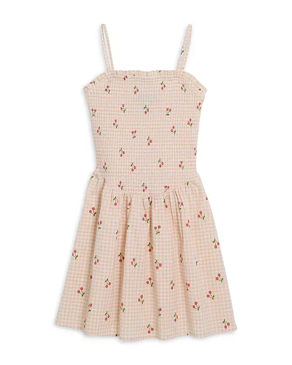 Детское платье для девочек с принтом Gingham W Cherry Aqua, Gingham W Cherry