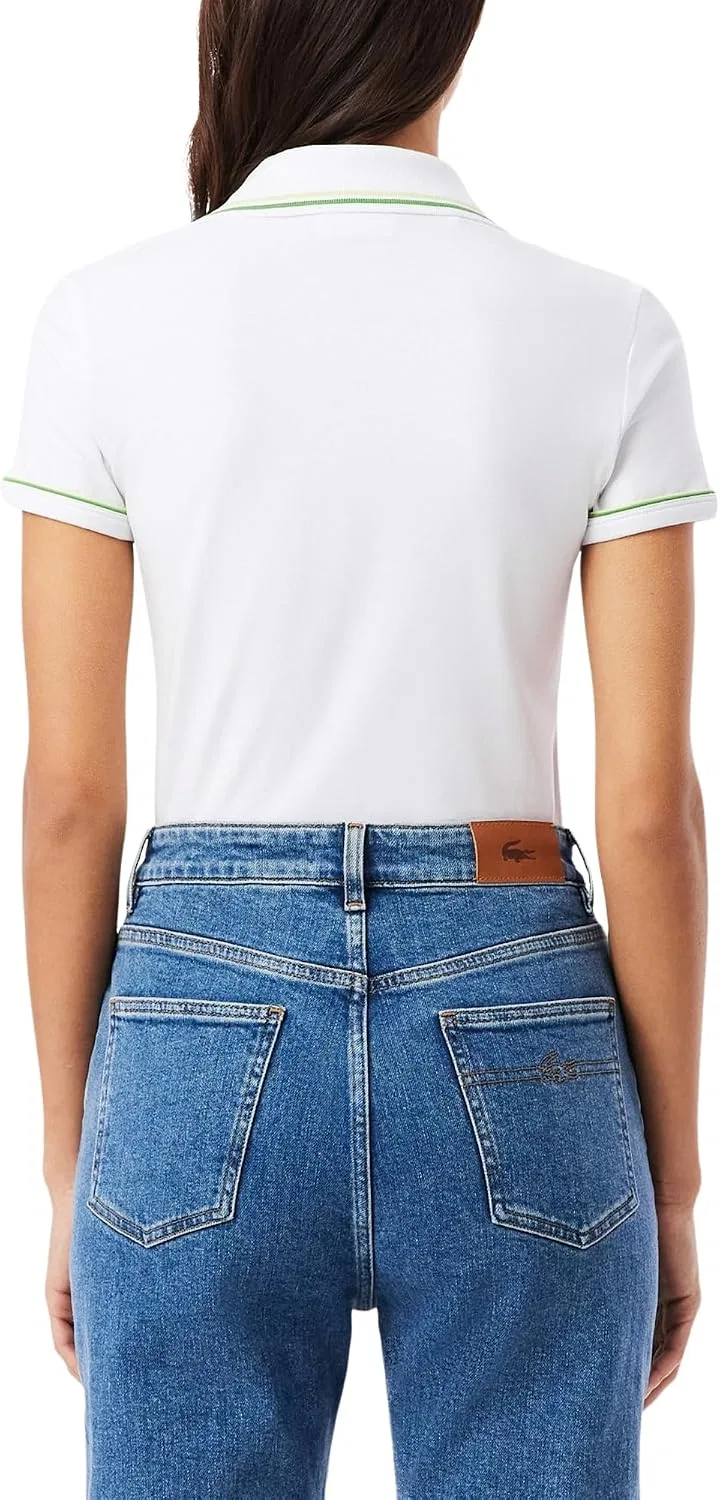 Женская хлопковая рубашка-поло Slim Fit Trim Detail Lacoste, White Sencha Billiard Green — фото 2
