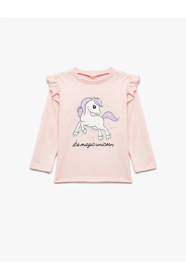 Детская футболка для девочек с принтом Unicorn Printed Cotton Long Sleeve Crew Neck Koton, Rose