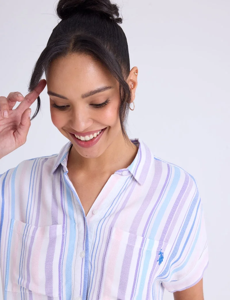 Женская рубашка U.S. Polo Assn. Tie Front Stripe Dolman, голубой/фиолетовый/розовый — фото 4