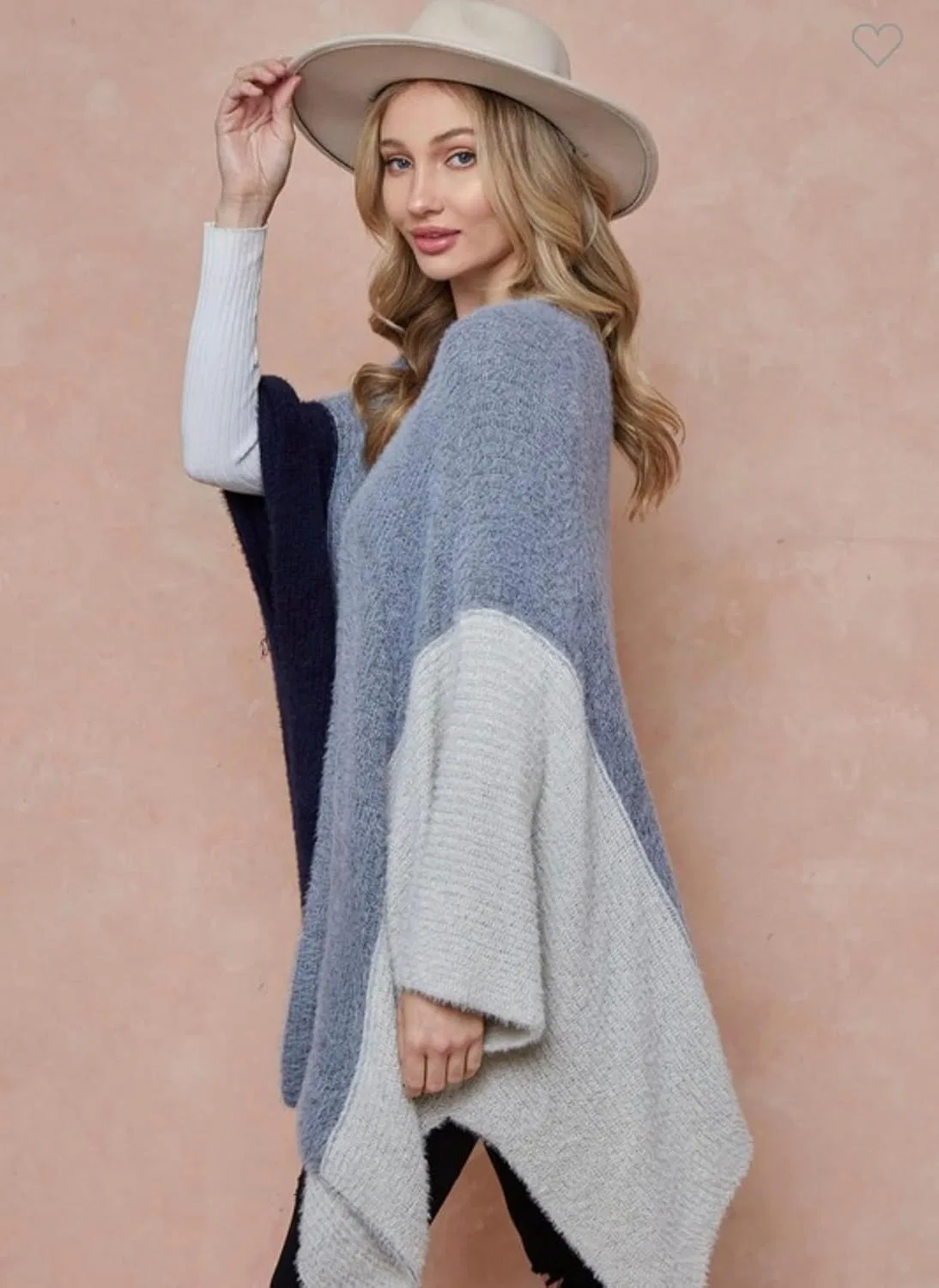 Женский кардиган-шаль с цветовым блоком, с длинным рукавом, Grey Navy White Colorway, Grey Navy Blue and White Color Block — фото 3