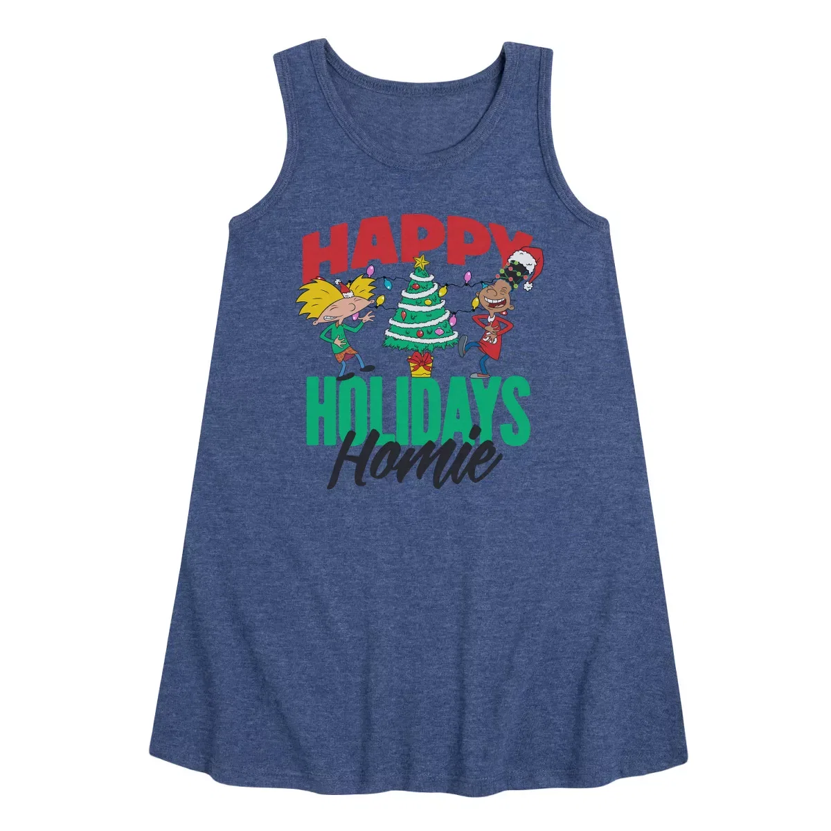 Детское платье-трапеция без рукавов для девочек с принтом Hey Arnold! Holiday Homies, Heather Navy