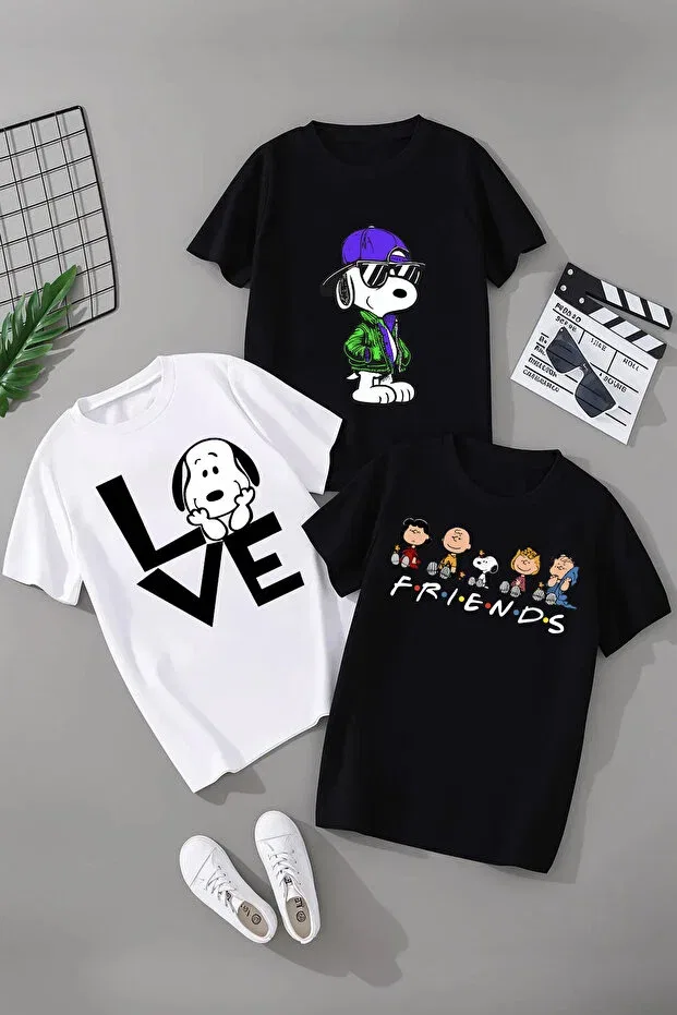 Детский комплект футболок для девочек с принтом Snoopy Printed Cotton Short Sleeve 3-Pack Youth and Children's T-Shirt Magors, Multicolor-2