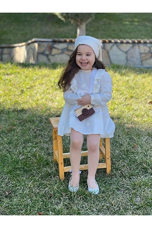 Детское платье для девочек с вышивкой Organic muslin embroidered bohemian dress daisy 1-10 years Meqlife, Ecru — фото 4