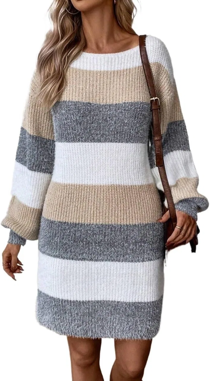 Женское повседневное платье-свитер Colorblock Round Neck, Multicolor