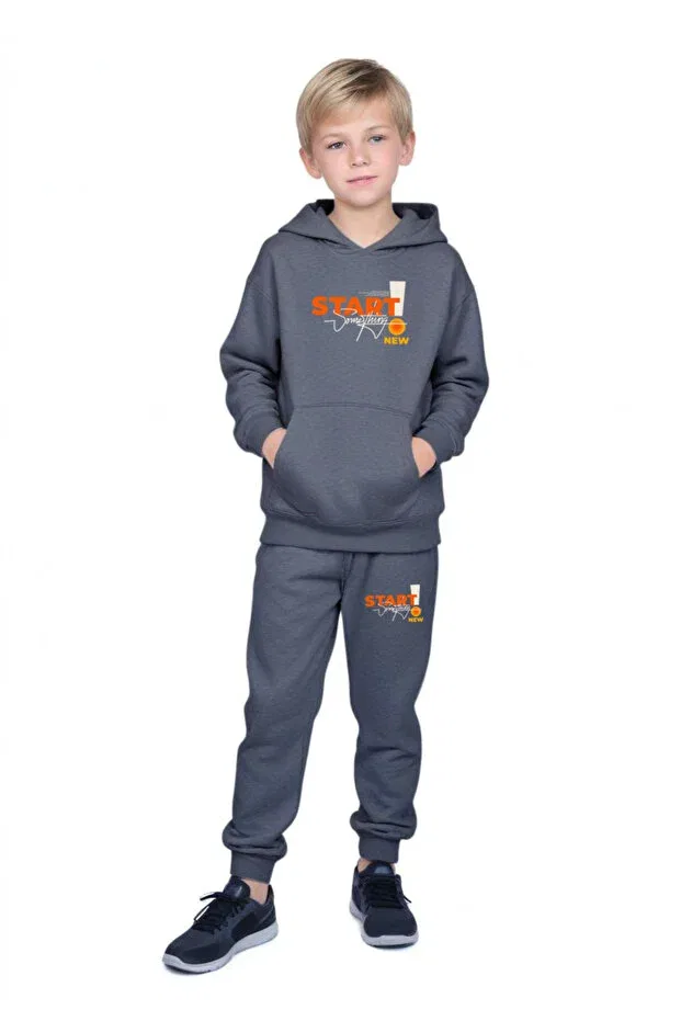 Детский спортивный костюм с принтом Hooded kangaroo pocket start printed boy's tracksuit set Ya Ko Kids, Smoke Grey
