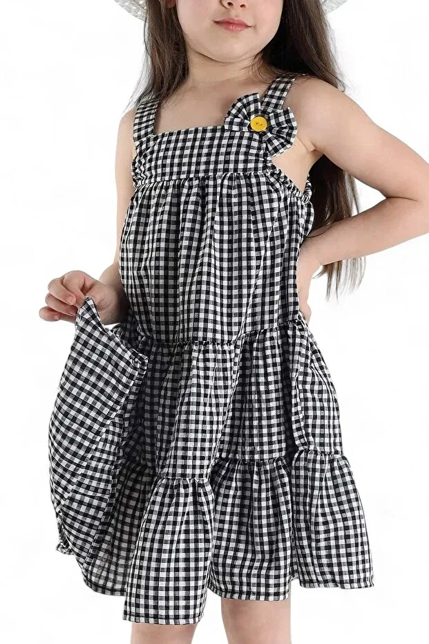 Детское платье для девочек с принтом Girl'S Summer Bow Gingham Pattern Hat Dress Voy Kids, Black — фото 4