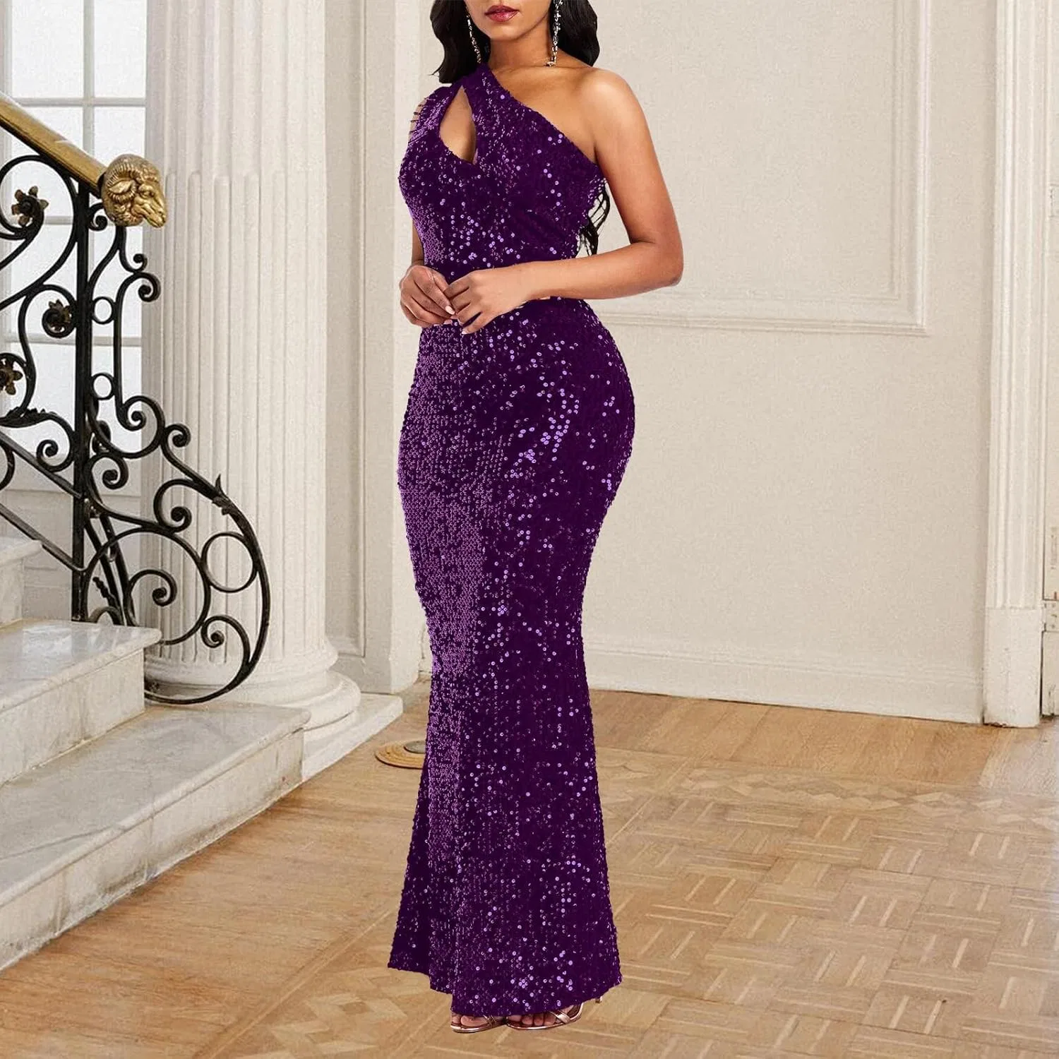 Женское вечернее платье с пайетками One Shoulder Mermaid, фиолетовый — фото 2