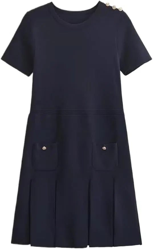 Женское мини-платье с пуговицами и плиссированной отделкой, Navyblue