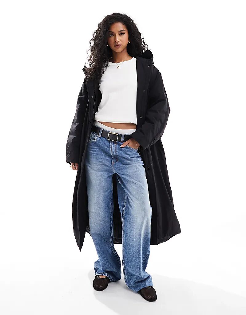 

Чистый длинный пуховик с капюшоном черного цвета ASOS DESIGN