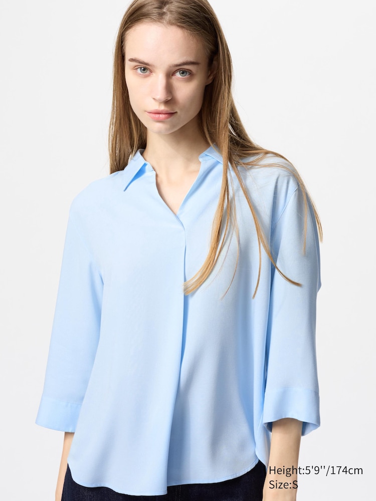 

Блуза из вискозы с воротником-стойкой рукав 3/4 Uniqlo, цвет 60 синий