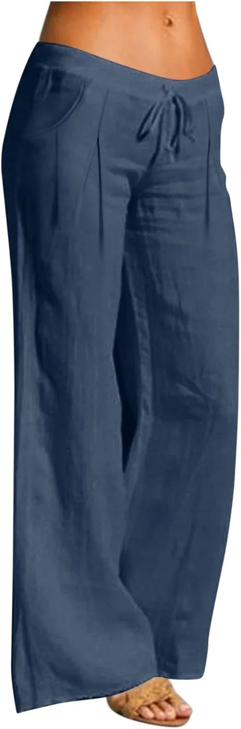 Льняные брюки Women 2026 Trendy Wide Leg с эластичной талией, гаучо Palazzo, повседневные свободные пляжные брюки для отпуска Generic, темно-синий