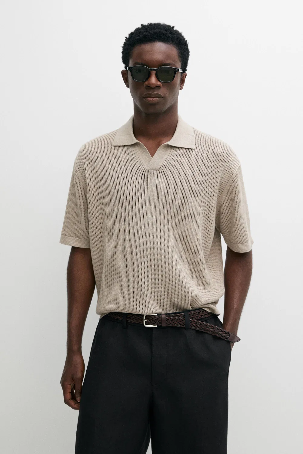 Поло Massimo Dutti Cotton-Blend V-Neck Knit, серо-бежевый