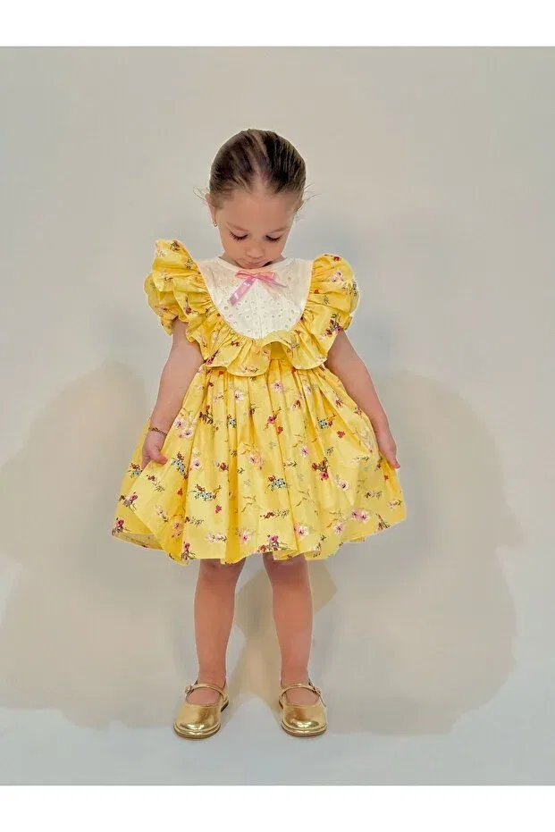 Детское платье для девочек с кружевом Laurel yellow vintage baby girl dress Linarookids, Sarı