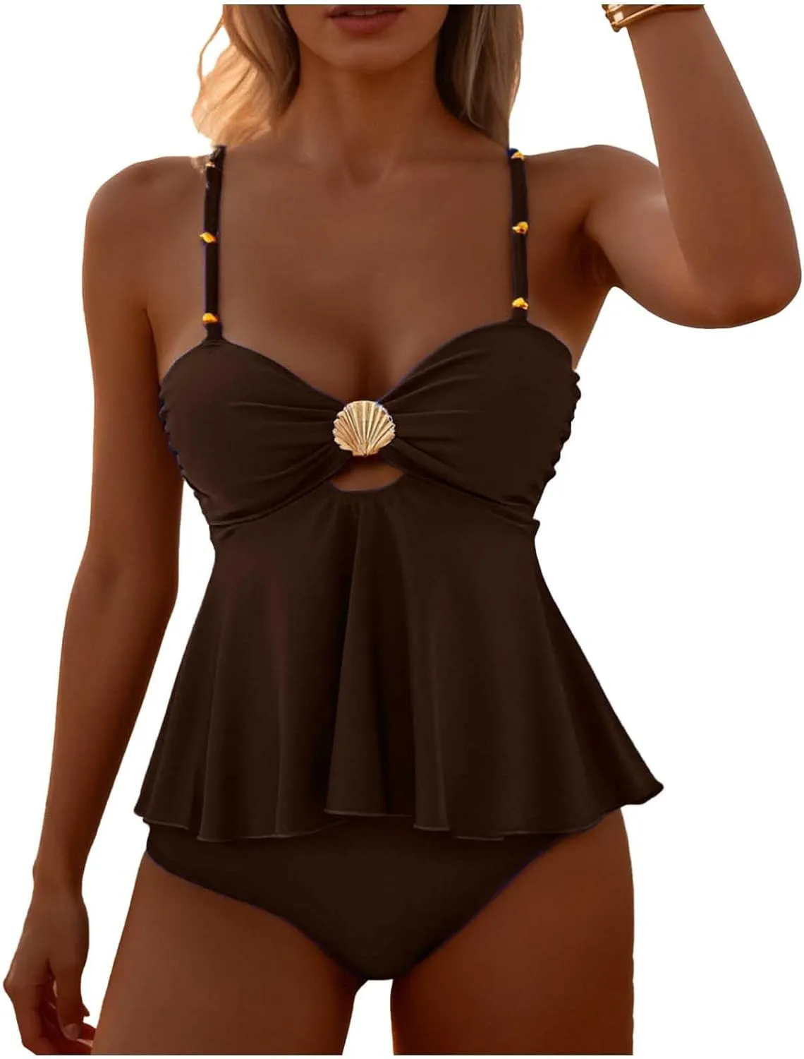 

Купальник-танкини для женщин с открытой спиной, рюшами по подолу и регулируемыми бретелями