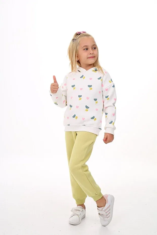Детский комплект для девочек с принтом Hooded Full Tulip Printed Tracksuit Set Toontoy, Green — фото 2
