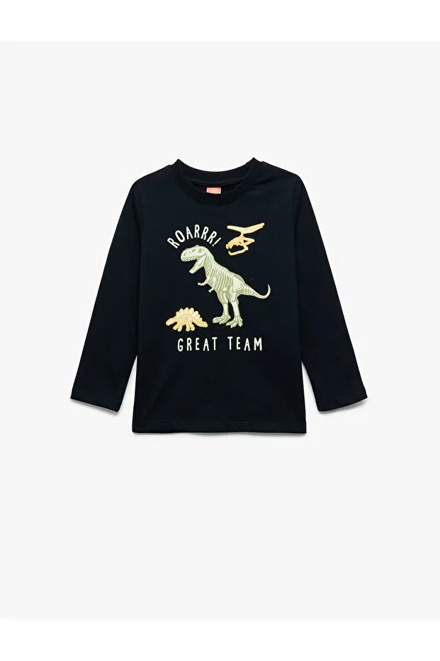 Детская футболка для мальчиков с принтом Dinosaur Printed Long Sleeve Crew Neck Cotton T-Shirt Koton, Navy Blue