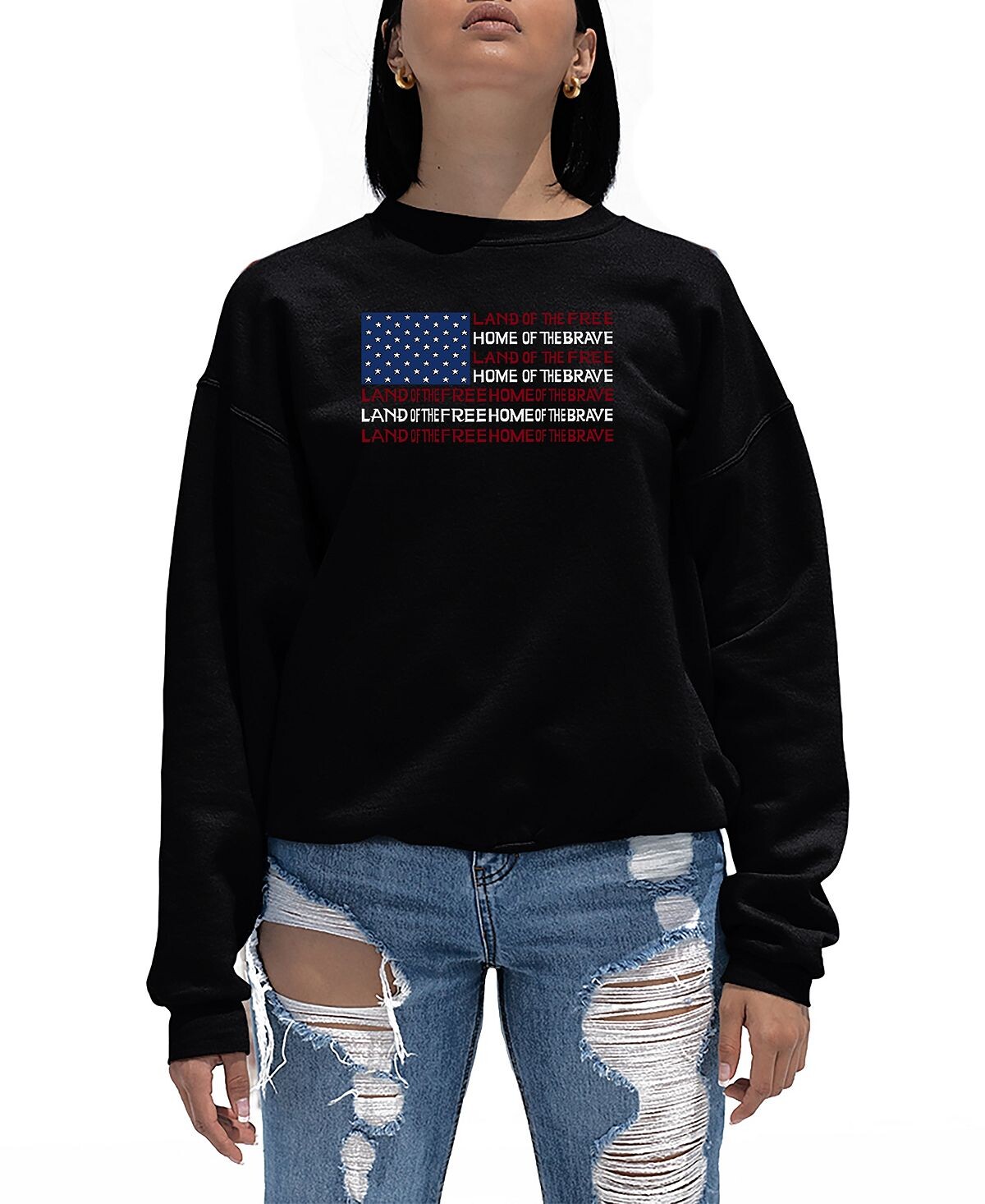 

Женская толстовка с круглым вырезом и надписью land of the free american flag word art LA Pop Art, черный