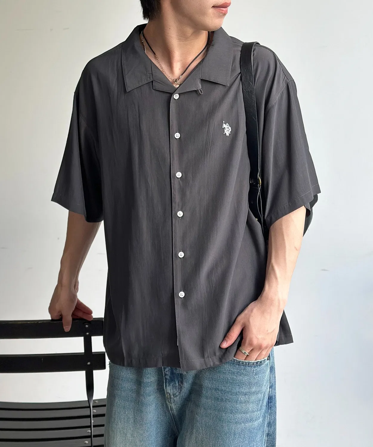 Мужская рубашка с открытым воротником, фальш-шелк, модель Silk Touch U.S. POLO ASSN., Charcoal Grey