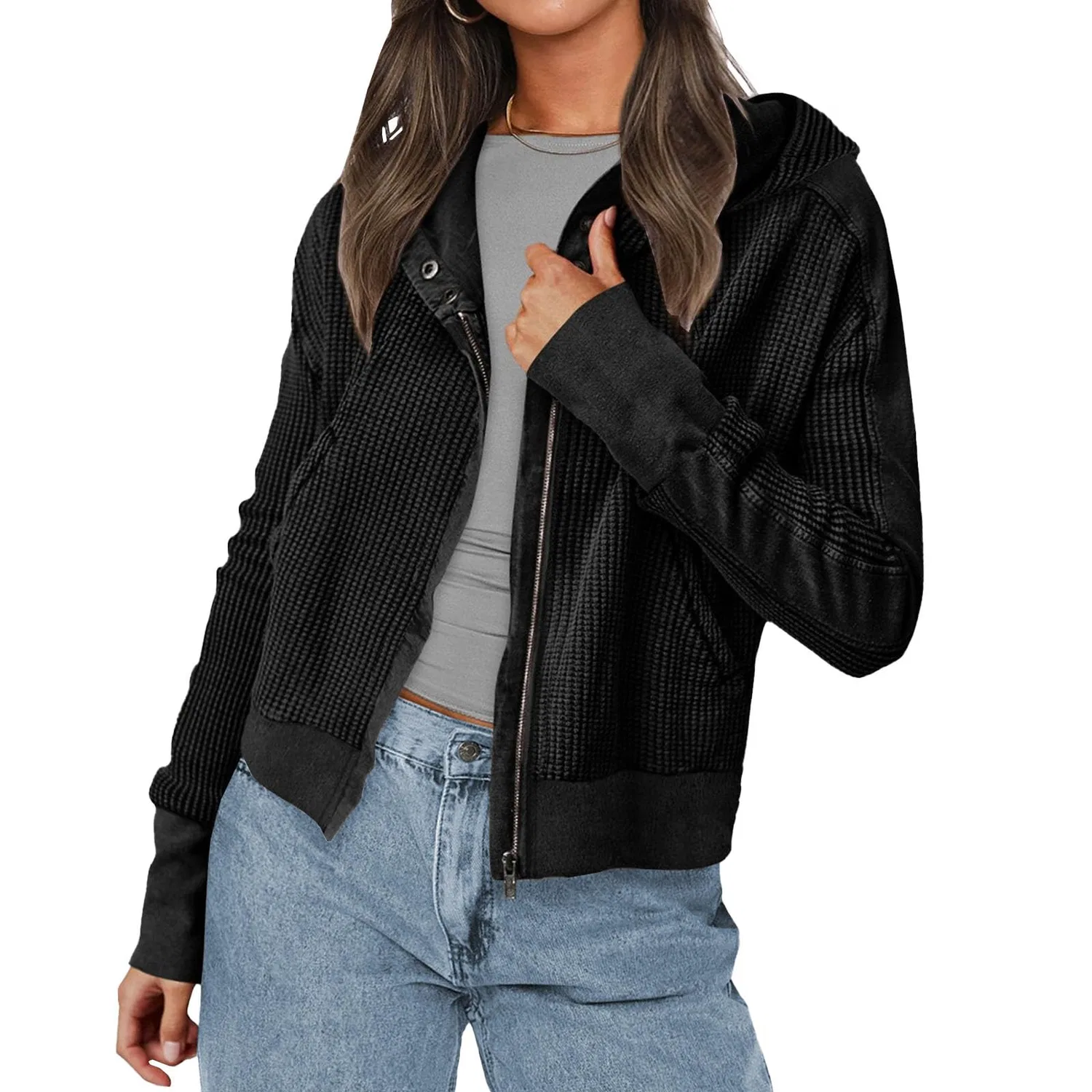 Женское худи с короткой молнией из вельвета Honeycomb Jacket, Black