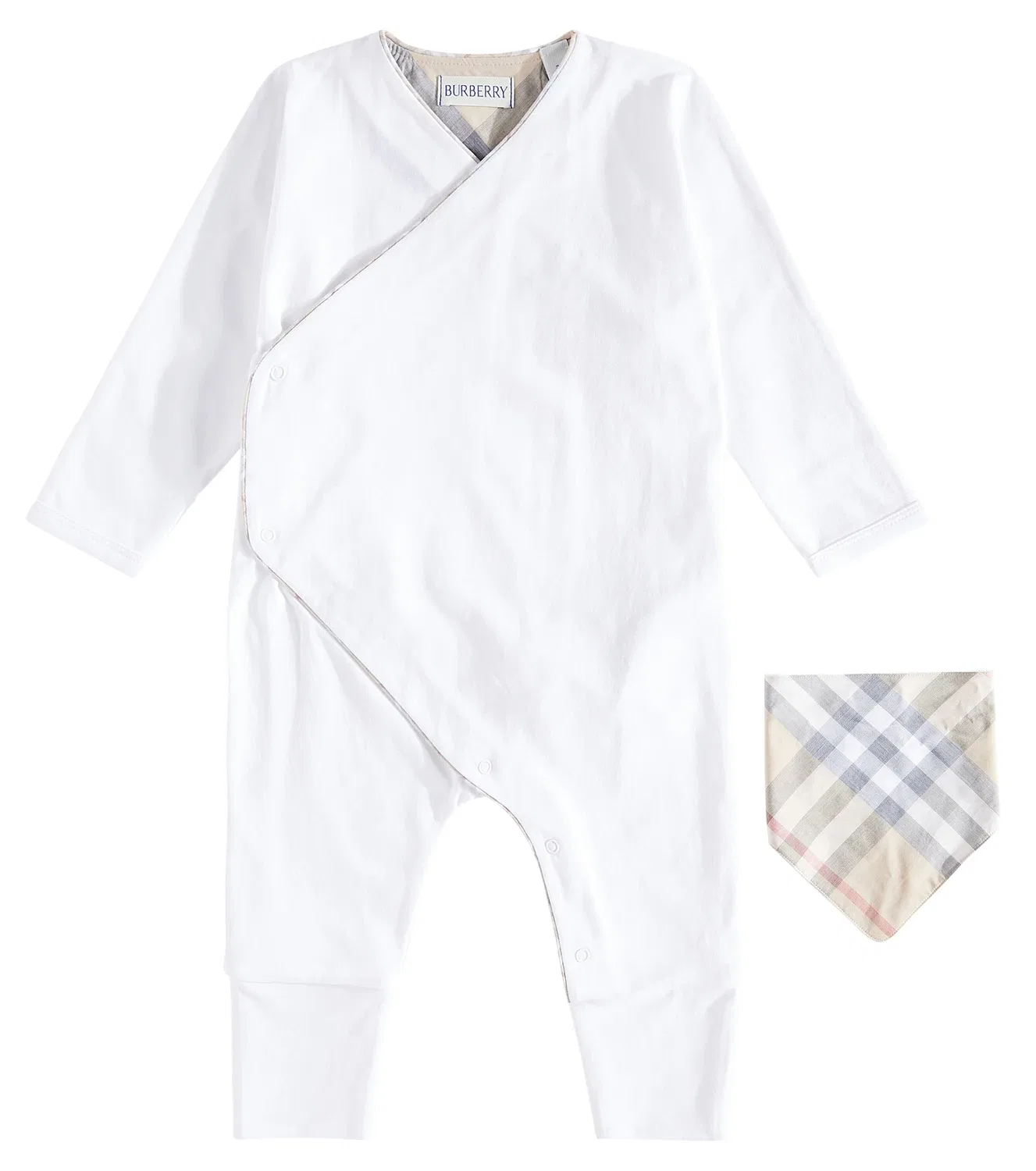 Комплект хлопковый комбинезон и нагрудник для новорожденных Burberry Kids, белый