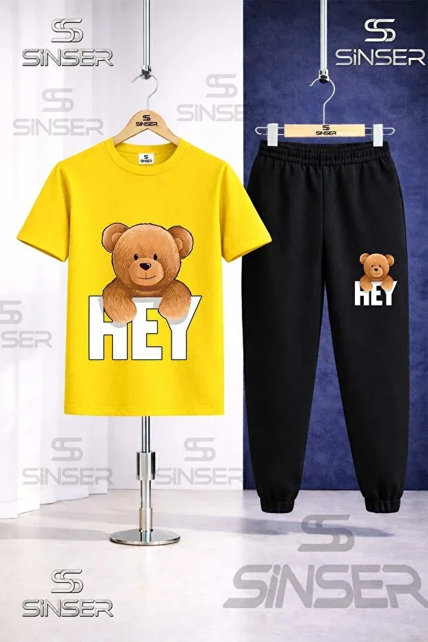 Детский комплект футболки и спортивных штанов с принтом Bear & Hey Ss Sinser, Yellow - Black