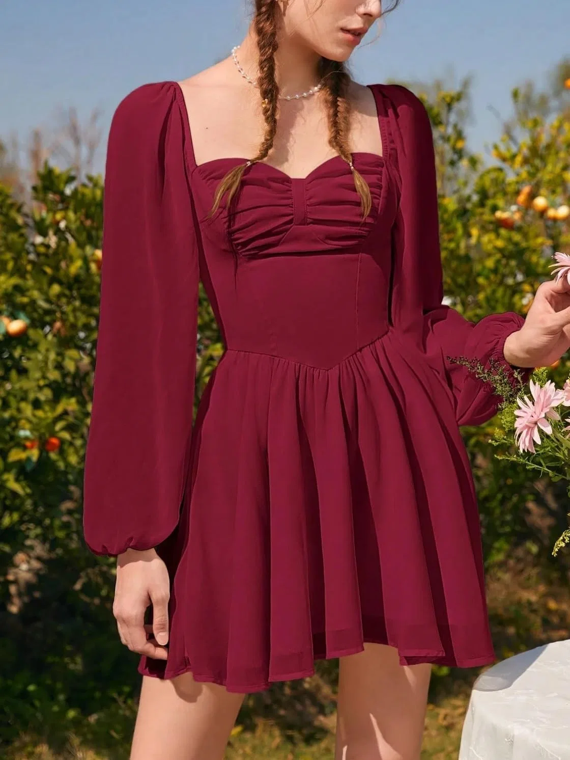 Женское короткое платье А-силуэта с воланами Generic, Burgundy — фото 4