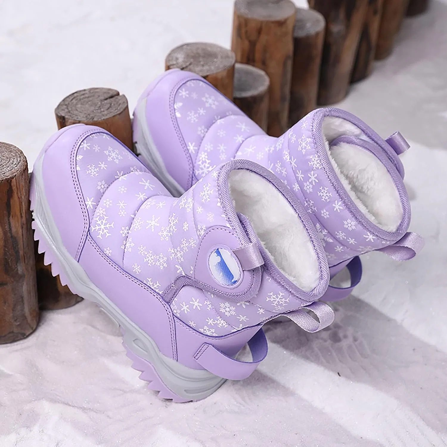 Детские зимние сапоги для девочек с принтом, модель Girls Mid-Calf Winter Snow Boots, Purple — фото 3