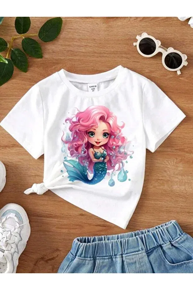 Детская футболка для девочек с принтом Style-X Mermaid Printed Bicycle Neck Magors, White