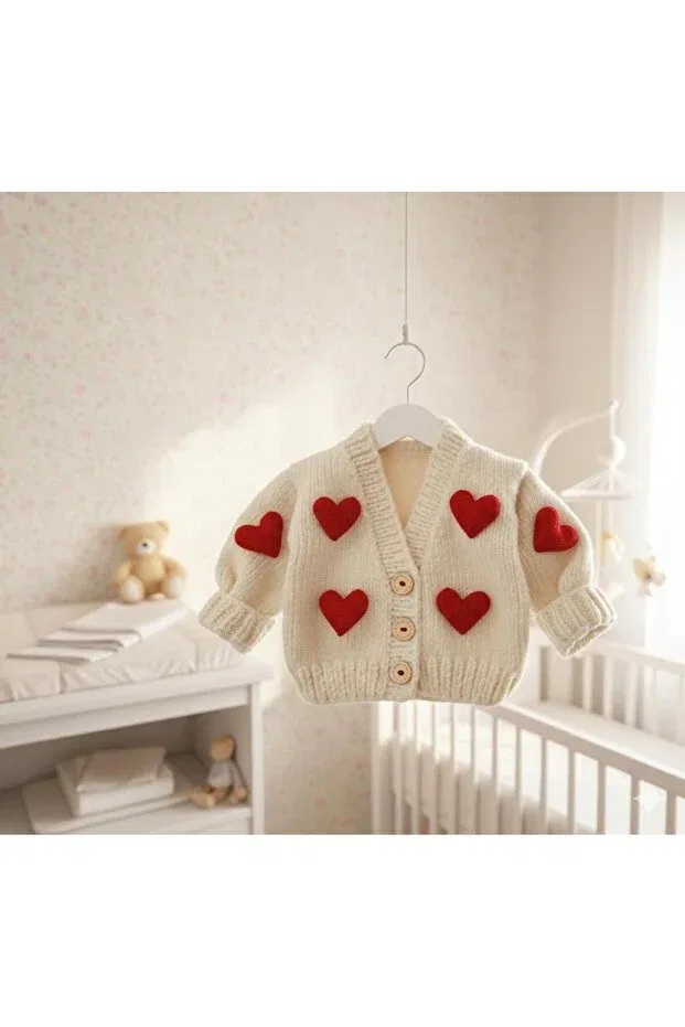 Детский кардиган для новорожденных с сердечками Hearted baby cardigan El Örgüsü, Nude Color