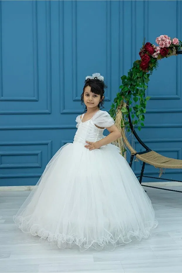 Детское платье для девочек с принтом White tulle children's evening dress with shoulder detail princess dress wedding and birthday outfit Zde Dikim Evi, Nude Color — фото 3