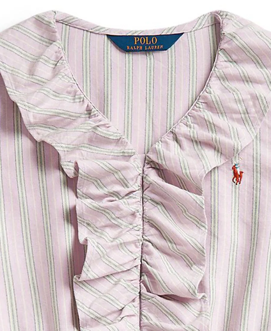 Платье-оксфорд из хлопка в полоску с оборками для девочек 7-16 лет Polo Ralph Lauren, Pink — фото 3