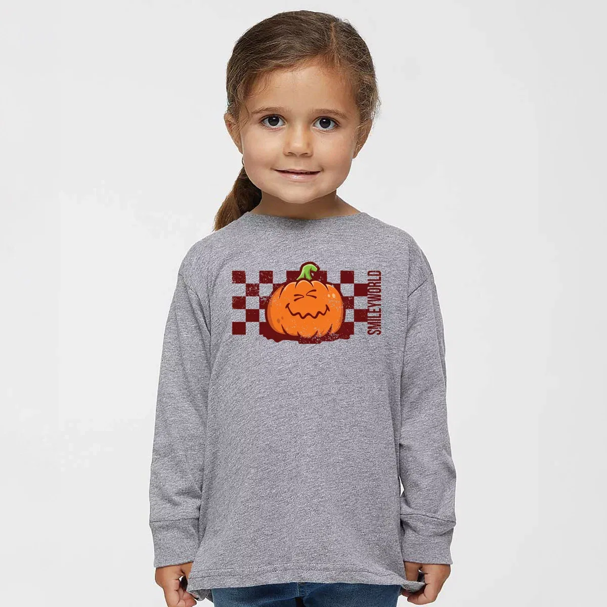 Детская футболка с длинным рукавом с принтом SmileyWorld Pumpkin Face Checkered The Juniper Shop, Seafoam — фото 3