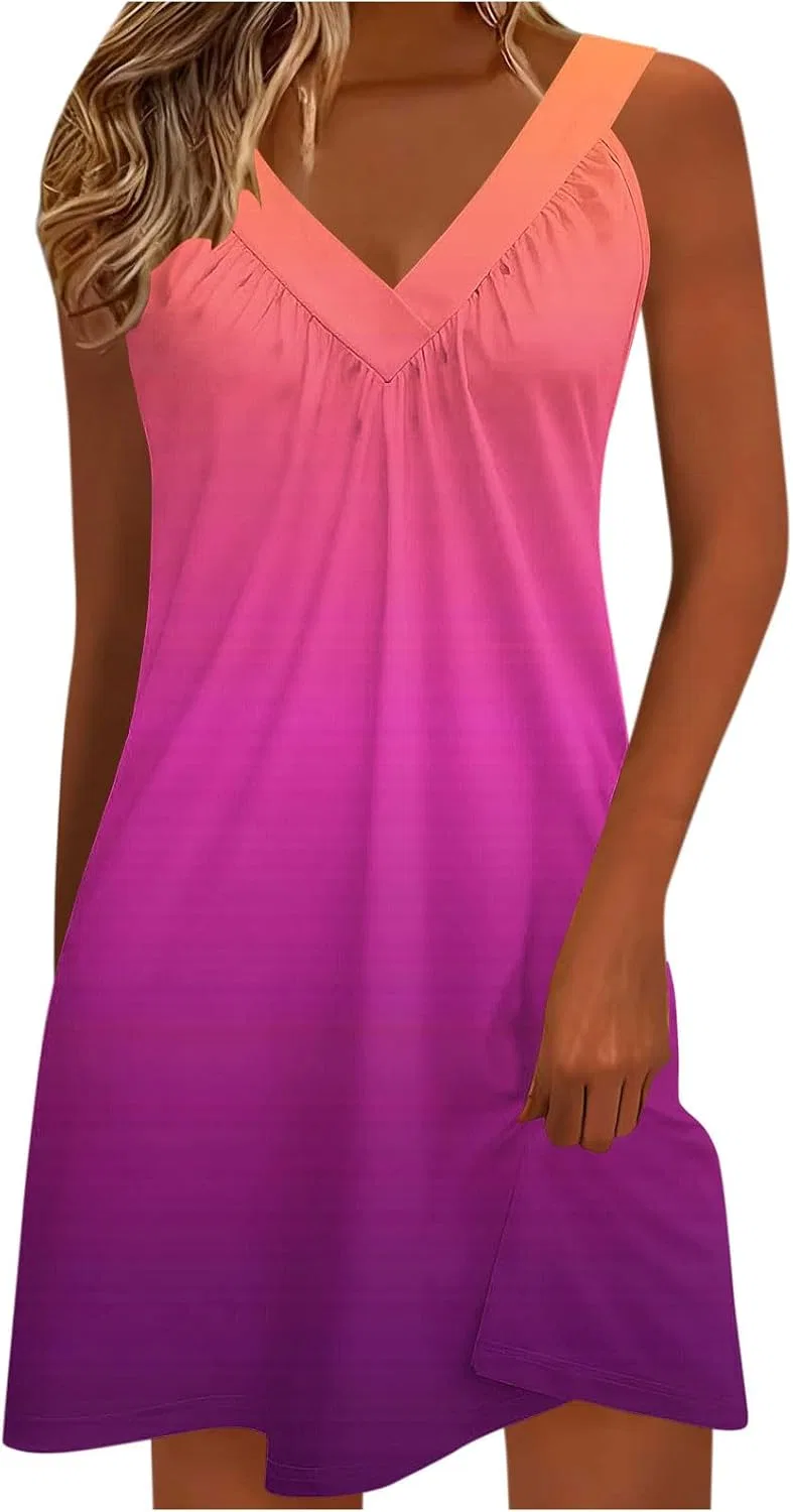 Женское летнее платье с цветочным принтом Gradient V Neck, Hot Pink