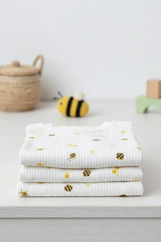 Детское боди-комбинезон с принтом Unisex honey bee patterned ribbed baby romper/body suit Pelossi, Ecru — фото 2
