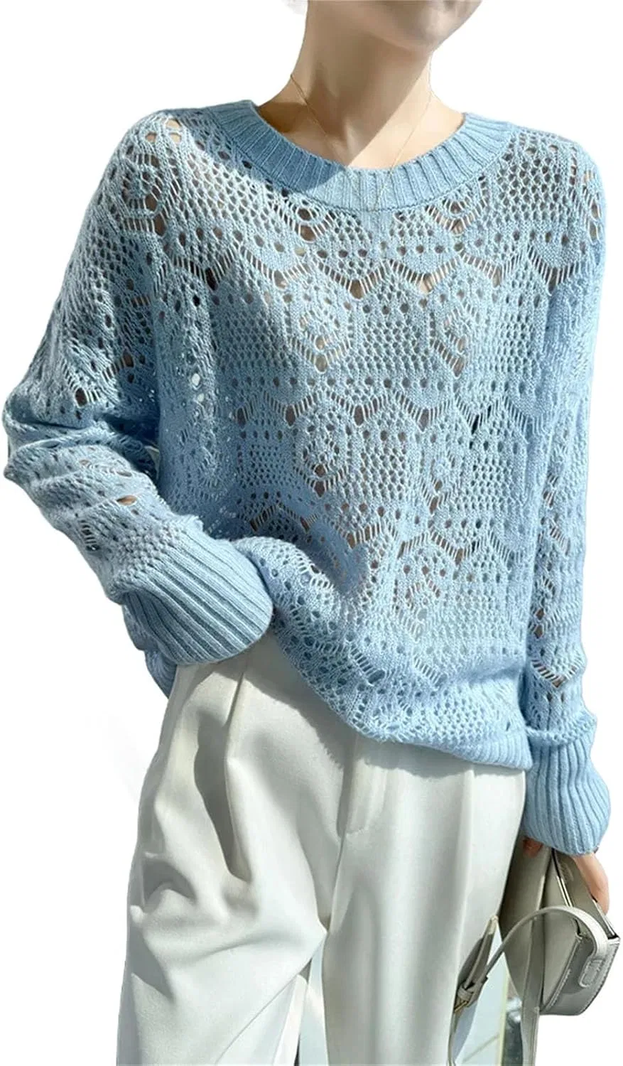 Женский свитер свободного кроя с длинным рукавом, модель Round Neck Hollow Out Knit Silk Cashmere, голубой