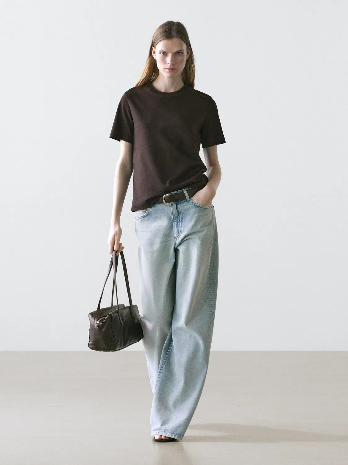 Футболка с круглым вырезом из 100% хлопка интерлок Massimo Dutti, коричневый