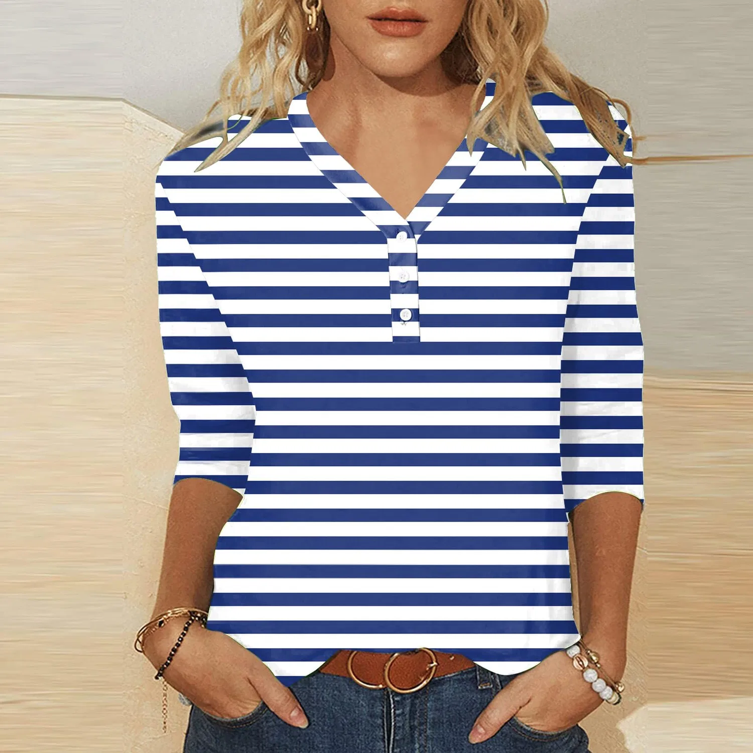 Женская футболка с принтом Plaid Shirt 3/4 Sleeves, E-blue — фото 2