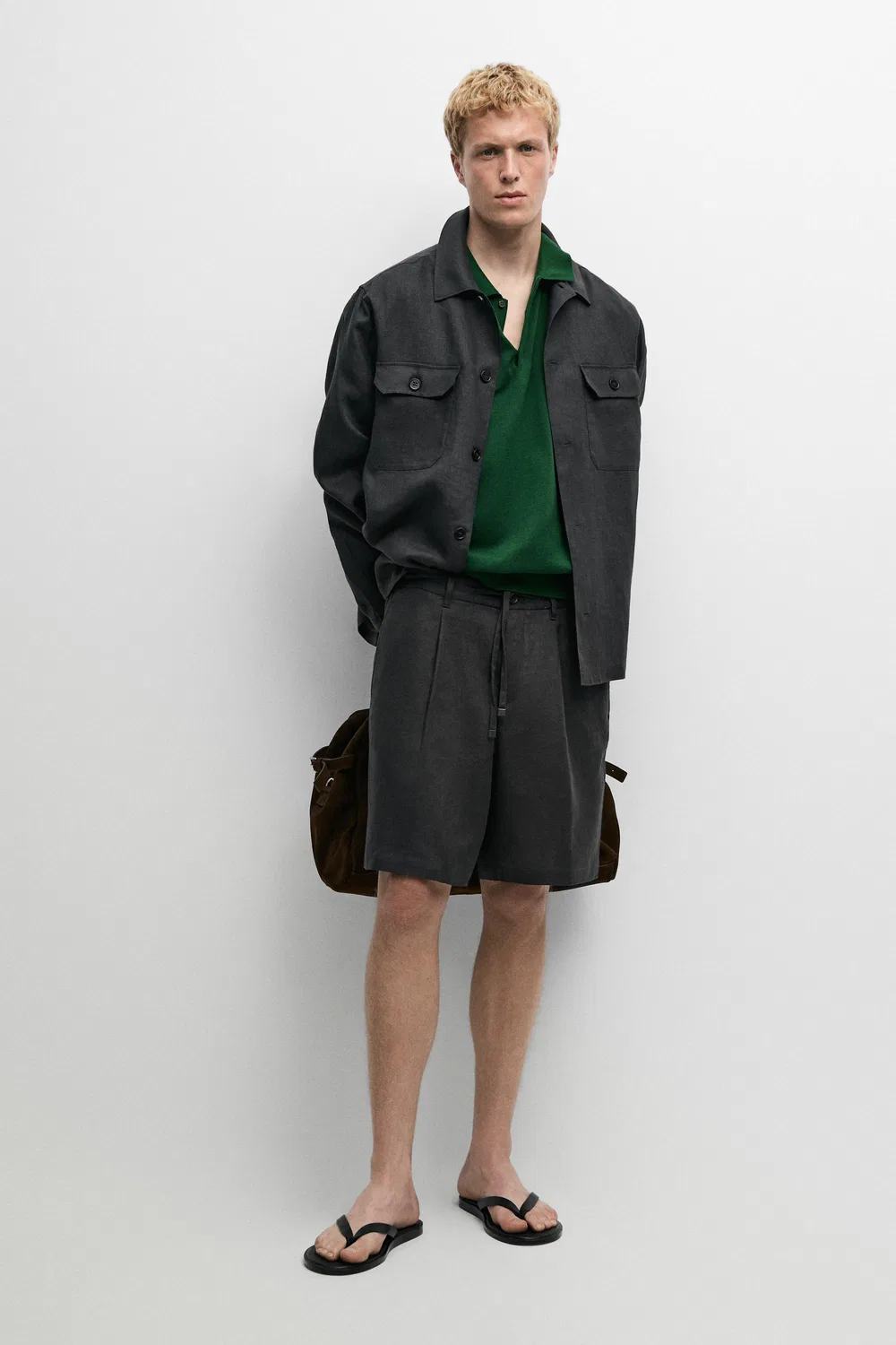 Льняные шорты-бермуды с эластичным поясом Massimo Dutti, сине-зеленый