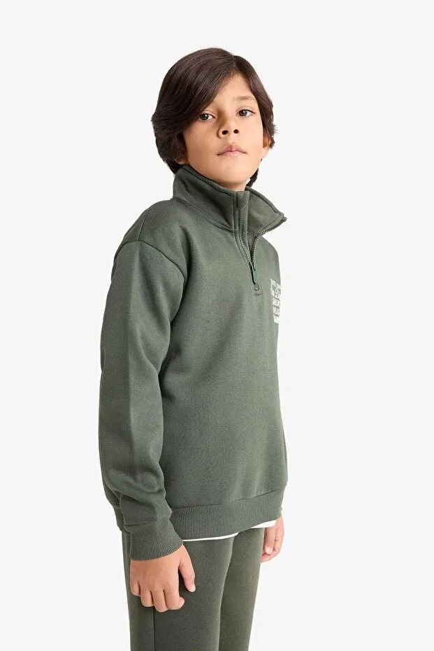 Детские свитшот для мальчиков с принтом Half Zipper Soft Fleece Inside Printed Sweatshirt Boys E9600A825AU Defacto, Khaki — фото 4