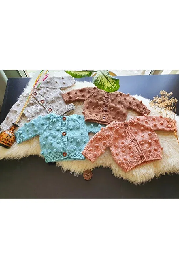 Детский кардиган с ручной вышивкой Hand knitted unisex children's cardigan with pompom, popcorn baby cardigan El Örgüsü, Blue