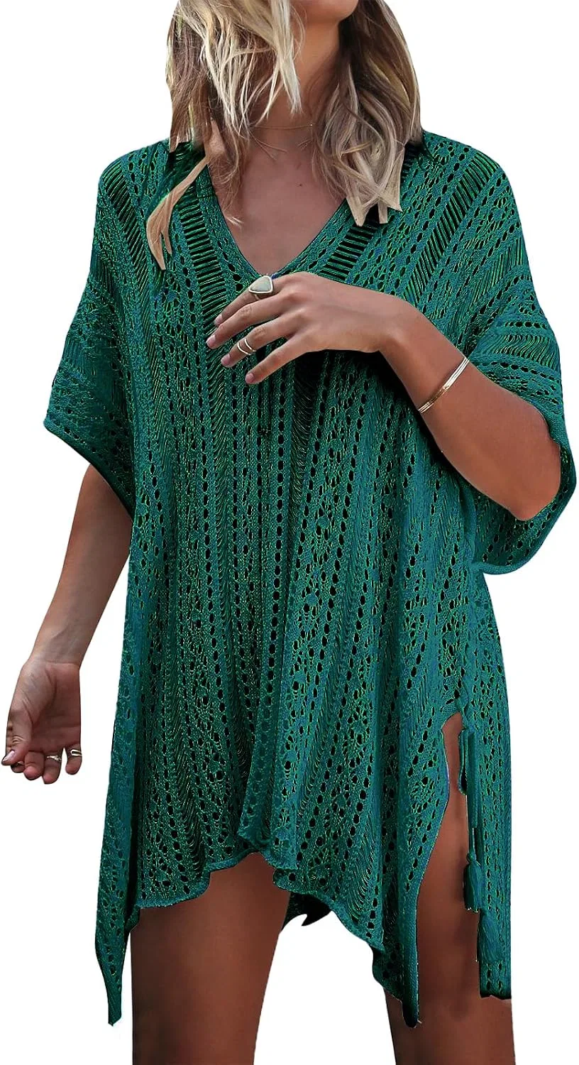Женский пляжный халат с кружевным узором, Dark Green