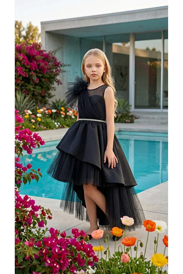 Детское платье для девочек с длинным рукавом Matte Satin Trailing Girls' Evening Dress Lindissima, Black