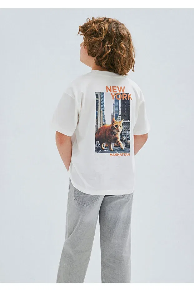 Детская футболка для мальчиков с принтом Kedi sırt printed ecru t-shirt oversized / wide cut 6610408-70057 Mavi, Ecru