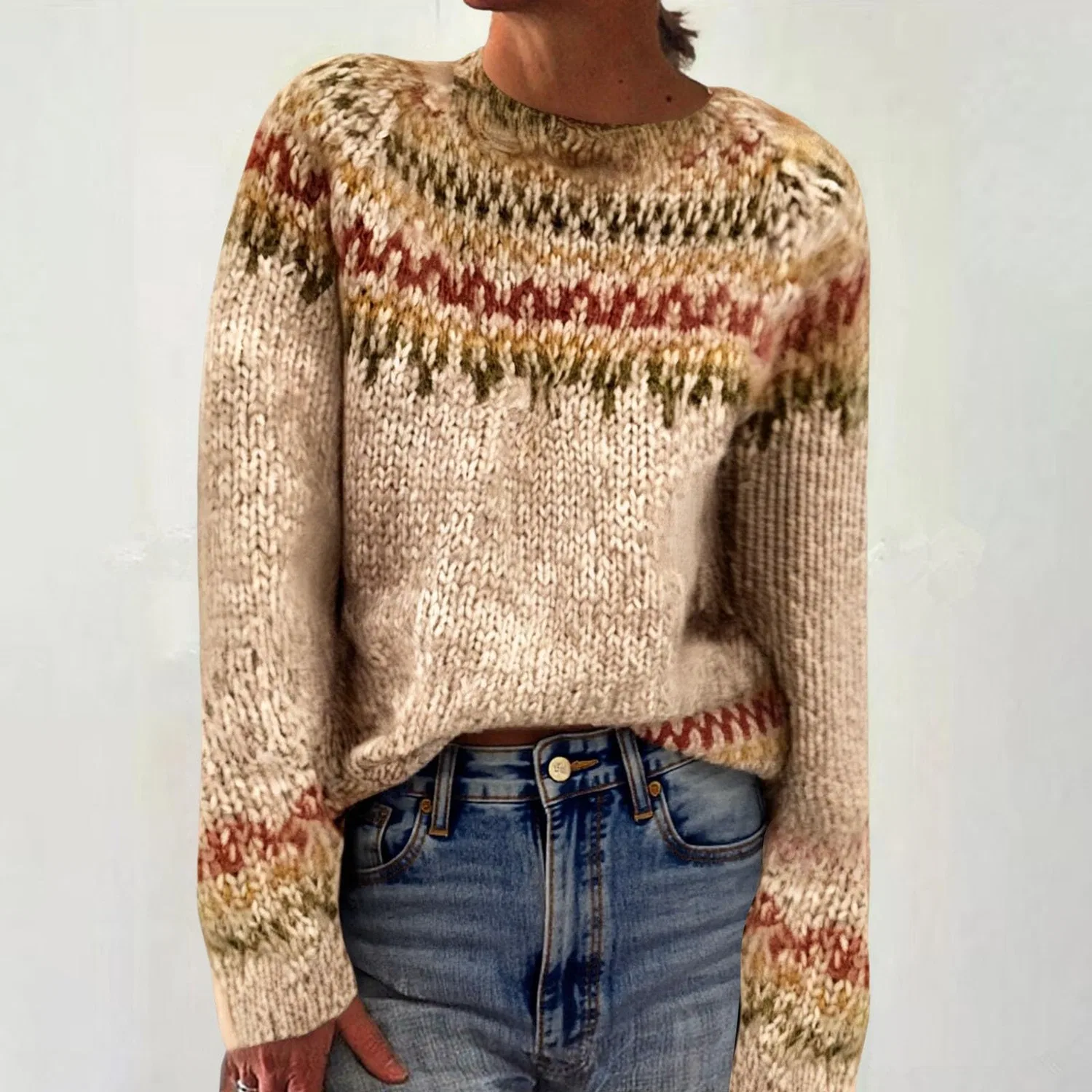 Женский свитер с принтом Fairisle, Khaki-1 — фото 3