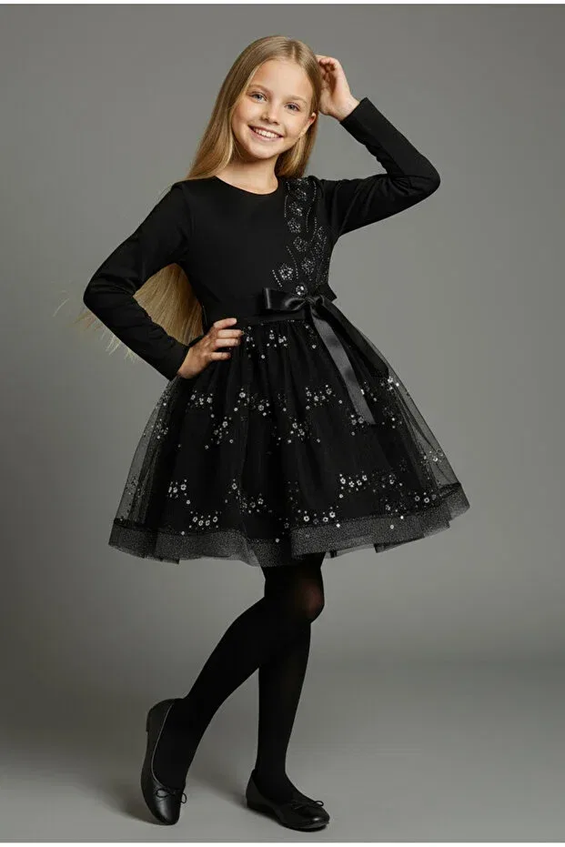 Детское платье для девочек с принтом Silver stone seasonal children's dress By Piera, Black — фото 2