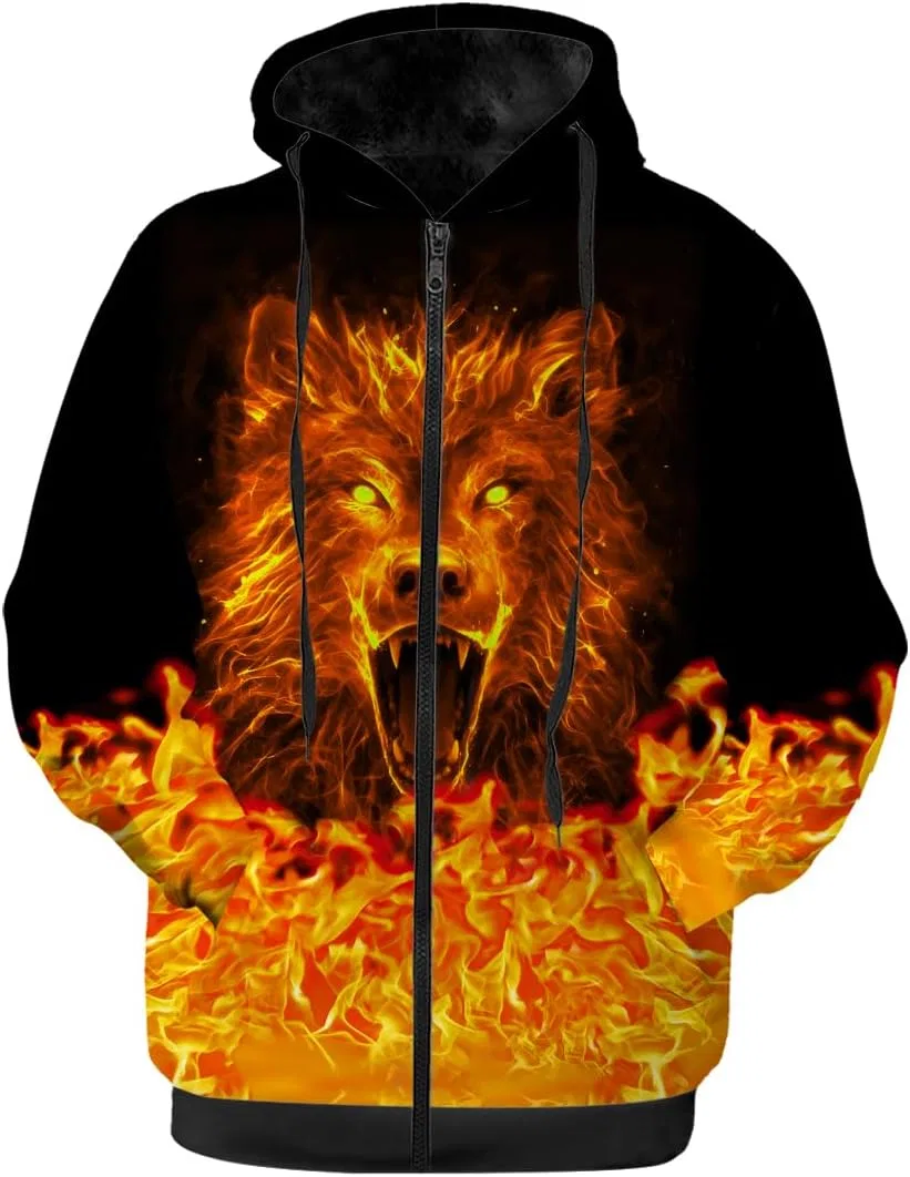 Мужское зимнее пальто с принтом Fire Winter Jackets, Wolf Fire