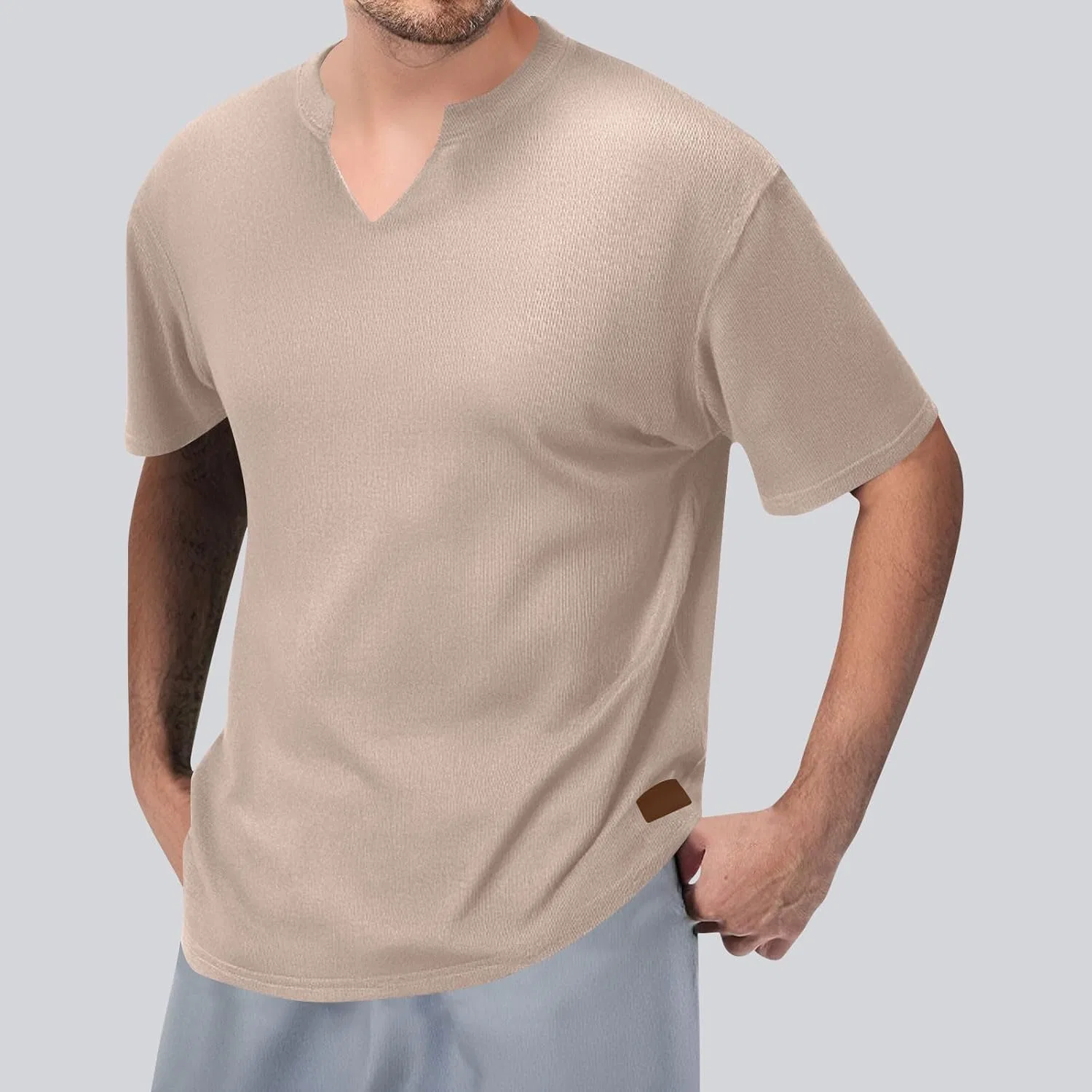 Мужская свободная футболка с V-образным вырезом, Khaki — фото 2