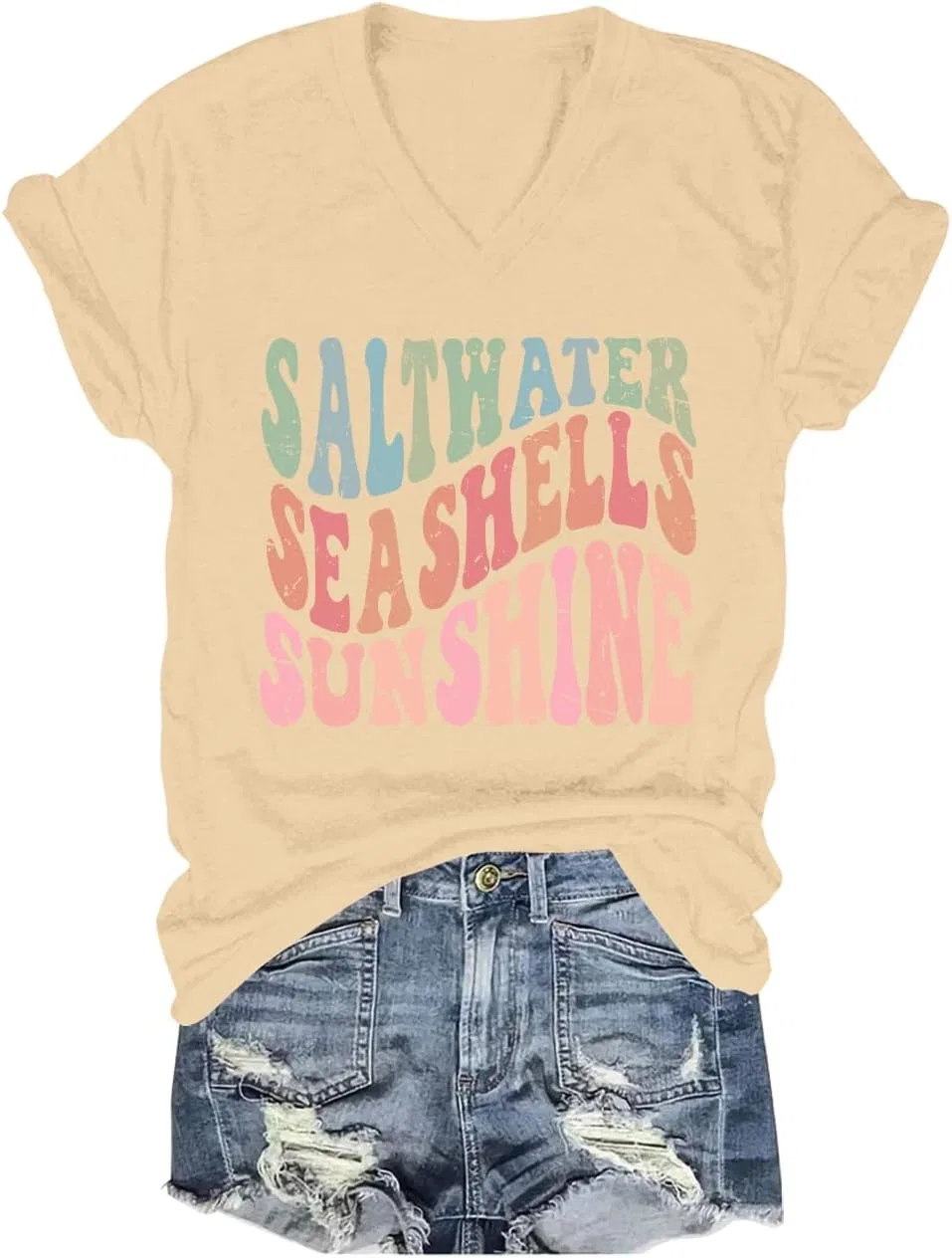 Унисекс V-образная футболка свободного кроя Saltwater Seashells Sunshine, Khaki