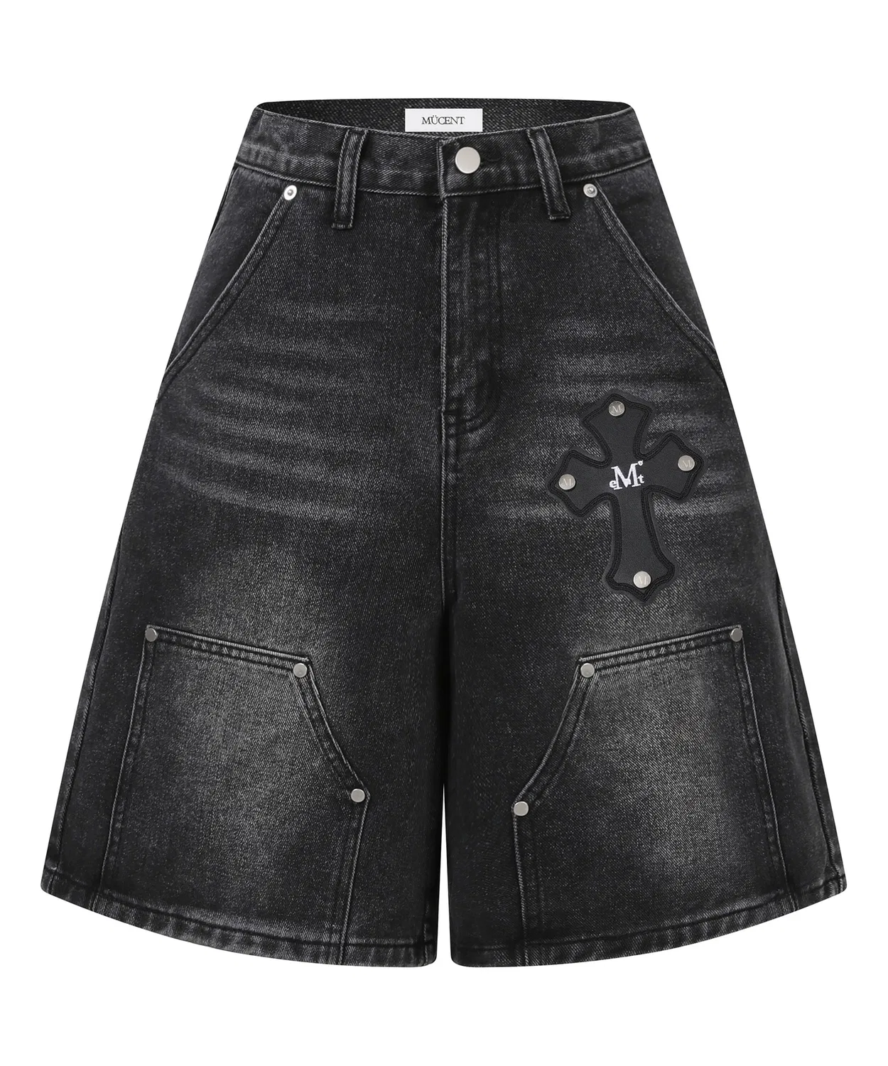 Детские джинсовые брюки с кожаными заплатками, модель Preset Cross Leather Patch Double Knee Bermuda MUCENT, Black